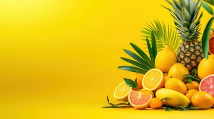 Bright and cheerful background with fruits and summer vibes: A vibrant scene with fresh citrus fruits, tropical leaves, and a sunny yellow gradient, radiating warmth and joy,