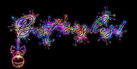 Fototapeta na wymiar Kolorowe zimne ognie i fajerwerki układające się w kształt życzenia BEST WISHES ! w języku angielskim.