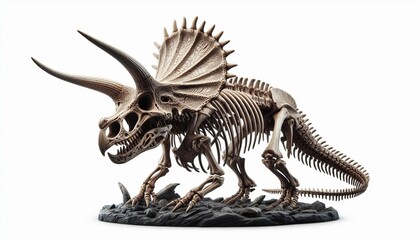 Fossil skeleton of a three-horned Triceratops dinosaur on a white background.