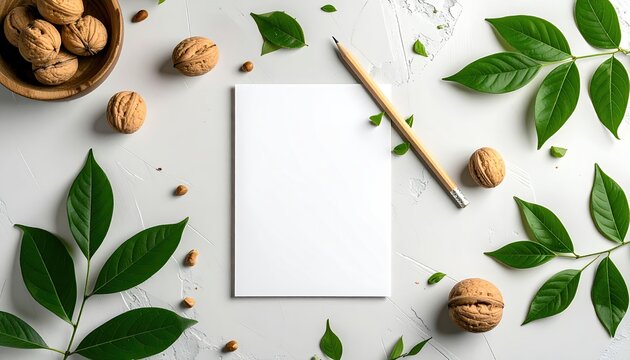 Blank card with foliage, nuts, and pencil on white surface - Powered by Adobe