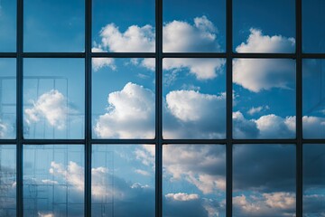 View of a cloudy sky through a grid of glass windows in a modern building