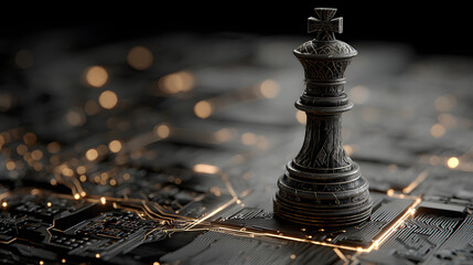 A chess king piece stands tall on a sleek digital chessboard, illuminated by glowing circuitry patterns, representing a blend of strategy and technology