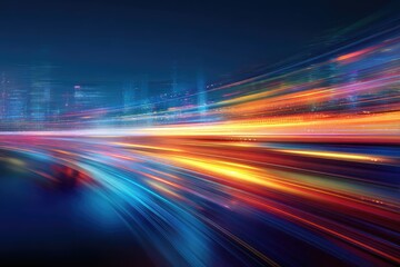 An abstract digital illustration showcasing streaks of vibrant light against a dark, blue background