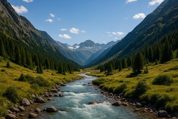 Obraz premium Panoramic mountain valley with winding river – lush alpine landscape