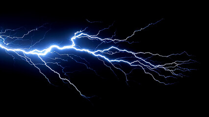 Bright Blue Lightning Bolt on a Black Background. Power and Energy, Natural Force, Weather Concept.