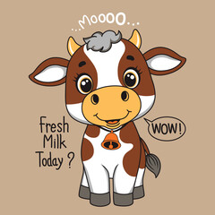 Cute Cartoon Cow Mooing with Fresh Milk,vector illustration