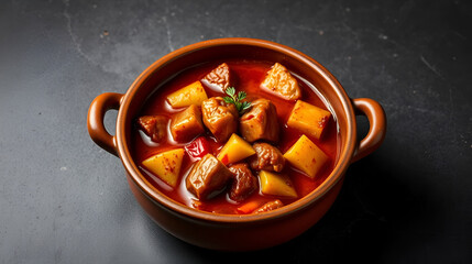 Traditional hot Spanish Cocido Stew in clay bowl on dark concrete background.