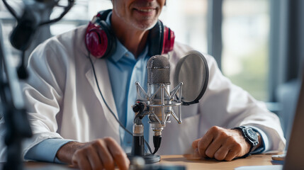 Man in lab coat with headphones recording podcast with microphone and pop filter in bright setting