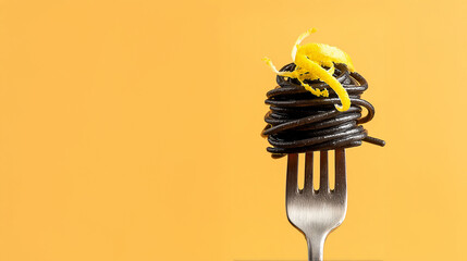 Minimalist close-up of a fork twirling black squid ink spaghetti, garnished with lemon zest, against a bright yellow background. 