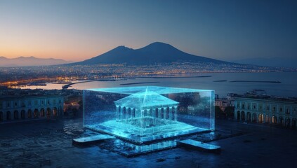 Futuristic Holographic Building Displayed in a Glass Cube with Mount Vesuvius in the Background.
