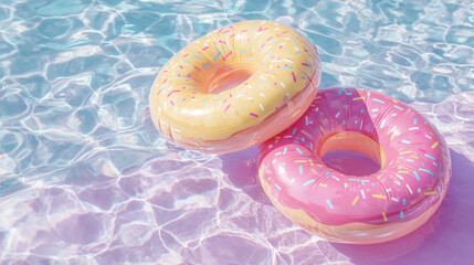 Two donut shaped floats in a swimming pool with water reflecting sunlight on a bright sunny day