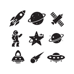  Silhouette Vector Collection of Space Icons in Circular White Design. 