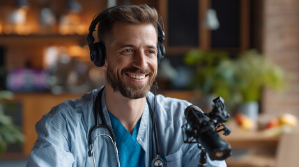 A smiling doctor with headphones and stethoscope recording a podcast with a microphone at home