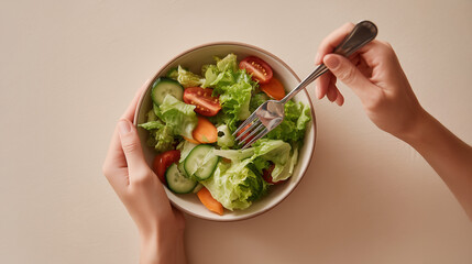 Fresh vegetable salad in a bowl with lettuce, cucumber, carrot, and tomato, hands holding and eating with fork, healthy food concept. 