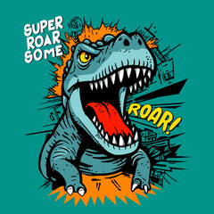 Cartoon dino Roaring with Super Roar Some Text and Explosive Effects,vector illustration