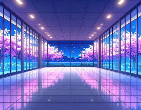 Lit hall, pink tree reflection, dreamy, pastel, surreal view - Powered by Adobe