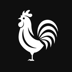 Stylish white rooster logo vector, minimalist poultry icon on black background, ideal for agriculture branding and eco products.