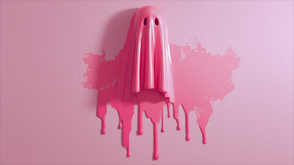 A pink ghost with dripping paint against a pink background in a surreal composition style art