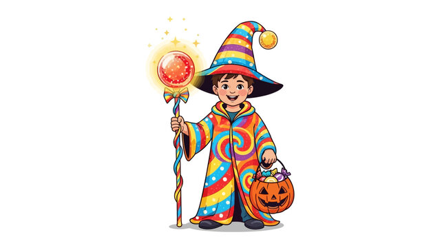 Wizardly Wonder: A joyful illustration of a young wizard with a whimsical robe and hat, brandishing a glowing orb staff and carrying a pumpkin treat bag.