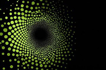Abstract design featuring a spiral of green dots on a black background