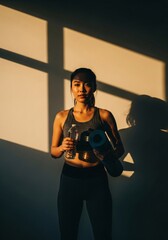 Young woman holding water bottle and yoga mat in golden hour light with shadows on wall