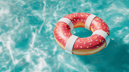 A pink frosted donut shaped pool float with white stripes floating in blue water surface texture