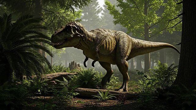 Dinosaur Tyrannosaurus Rex is stomping on the spot in prehistoric jungle. Giant carnivore standing among lush ferns and ancient trees. T-rex predator computer visualization in Jurassic period