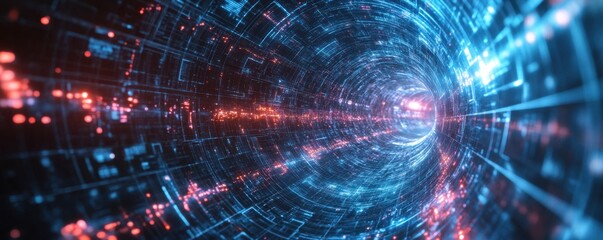 Obraz premium A vibrant digital tunnel of blue and red light, creating a futuristic and tech-inspired visual effect, resembling data flow or virtual spaces.