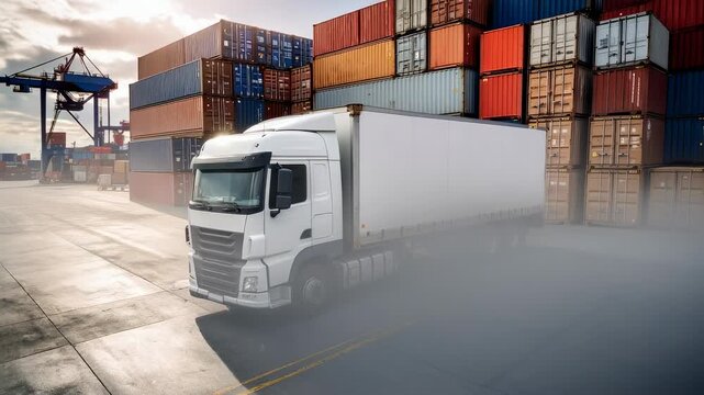 Modern semi truck ready for fast global delivery, shipping containers on the dock