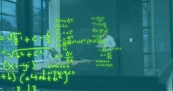 Man speaking into phone and consulting formulas showing on glass for engineering analysis