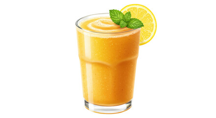 Refreshing orange smoothie in glass isolated, garnished with lemon slice and mint leaves, healthy drink for summer, no background
