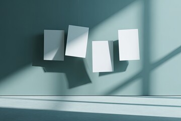 Four white rectangular objects, tilted, appear to float in front of a teal wall, casting shadows
