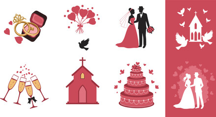 Wedding illustrations, romantic icons, bride and groom, ring box, church, dove, balloons, champagne, cake, love, ceremony, unity, marriage,  vows, hearts, wedding day, bridal couple, wedding theme