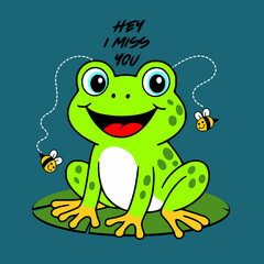 Cute Cartoon Frog Sitting on Lily Pad with Bees,vector illustration