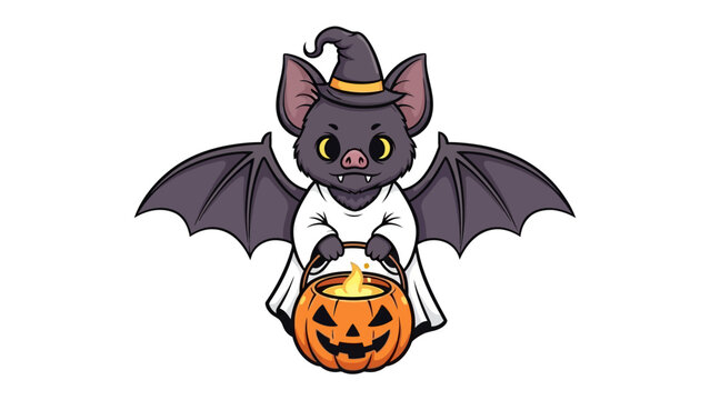 Spooky Bat Witch with Pumpkin: A cute illustration features a cartoon bat dressed as a witch holding a jack-o'-lantern, perfect for the Halloween season. 