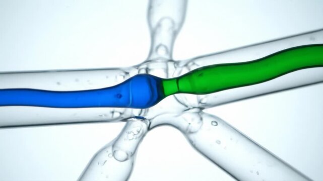 Blue and Green Fluid Flow in Clear Transparent Scientific Channels