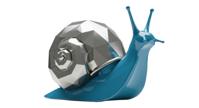 Shiny blue snail with geometric shell isolated on transparent background, modern design animal in 3D render for creative projects