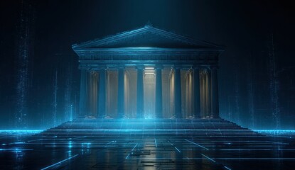 Futuristic Neoclassical Temple with Glowing Blue Light and Digital Grid.