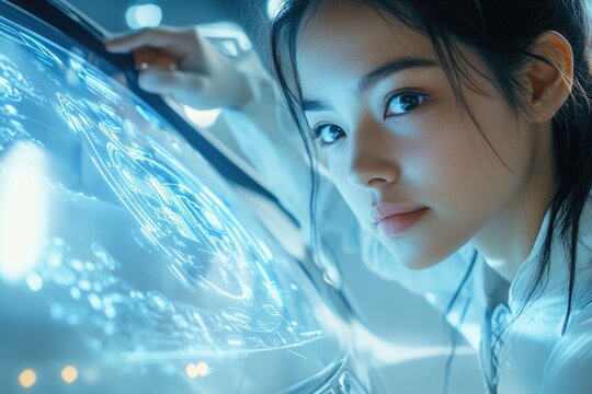 A young woman intently interacts with a glowing, futuristic digital interface, showcasing advanced human-computer interaction and modern technology.