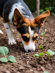 A curious dog digs in the garden, peering over freshly turned soil, with its ears perked and nose close to the ground.