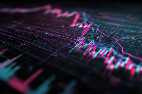 A stylized, futuristic representation of financial data with colorful, abstract charts