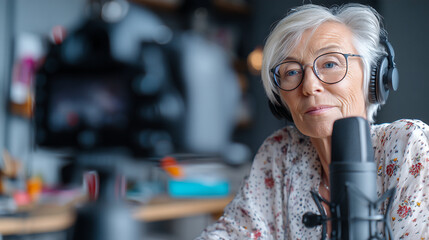 Older woman with glasses and headphones speaking into a microphone in a home studio setting