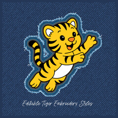 Adorable Baby Tiger Vector with Denim Stitch Effect,vector illustration