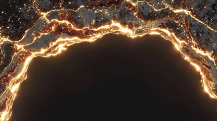 Abstract render of glowing, rocky forms arching over a dark void; golden light emanates