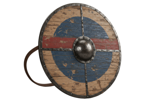 Wooden Viking shield with metal trim isolated, round shield with blue and red design for historical reenactment and fantasy concepts