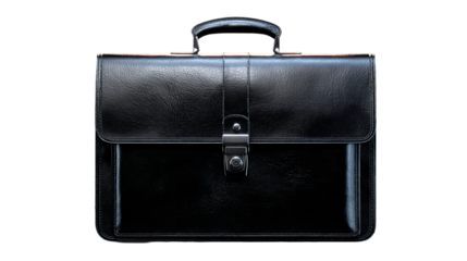 Elegant black leather briefcase glistening under light on a transparent background