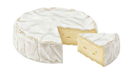 Creamy brie cheese wheel with a slice isolated on transparent PNG, soft cheese with edible rind for gourmet food and culinary use