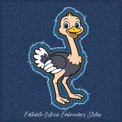 Funny Ostrich Character in Denim Stitch Design,vector illustration