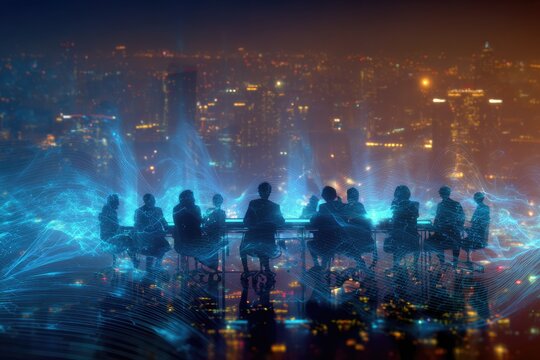 A group of people sit at a conference table overlooking a city, surrounded by digital lines - Powered by Adobe