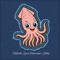 Cute Cartoon Squid in Embroidery Patch Style,vector illustration